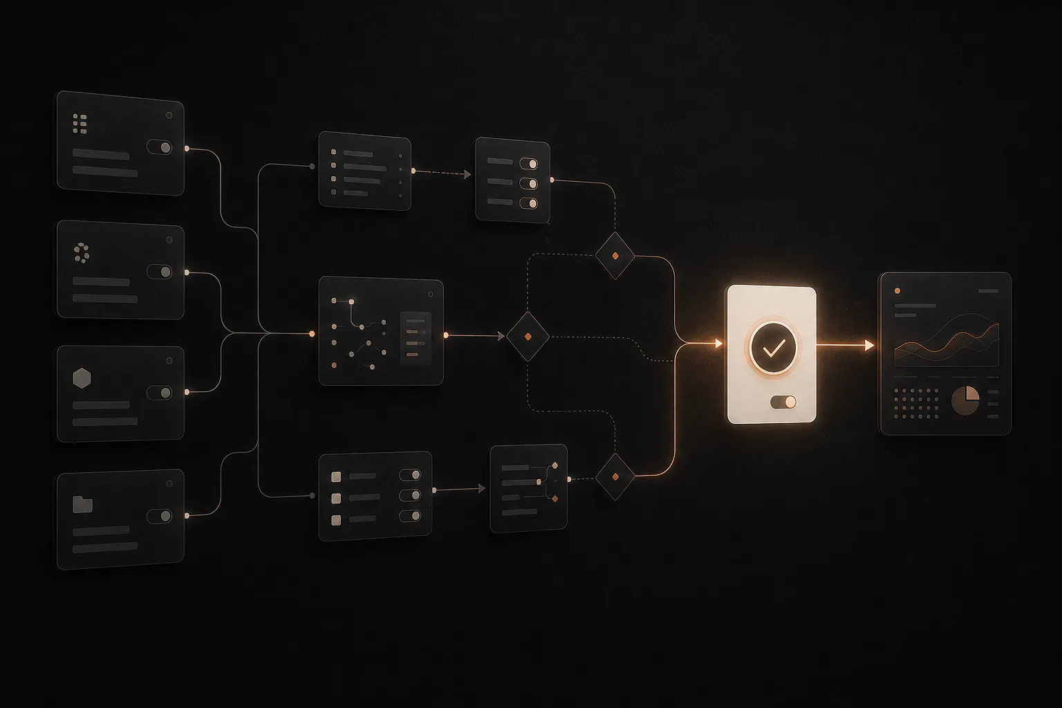 Workflow numérique reliant plusieurs entrées à une validation humaine puis à un résultat mesurable.